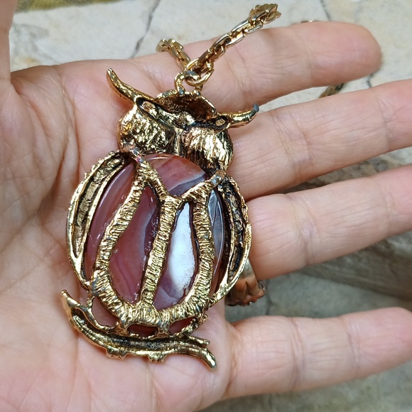 Vintage Owl Brown Banded Agate Pendant Necklace Gold Plated Chain - Picture 6 of 8